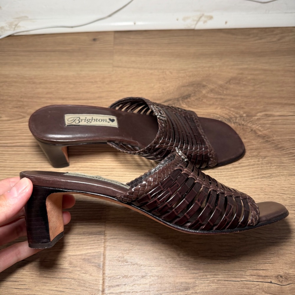 Vintage 90s Y2K Brighton Brown Leather Woven Block Heel Slide Sandals 7.5M mules